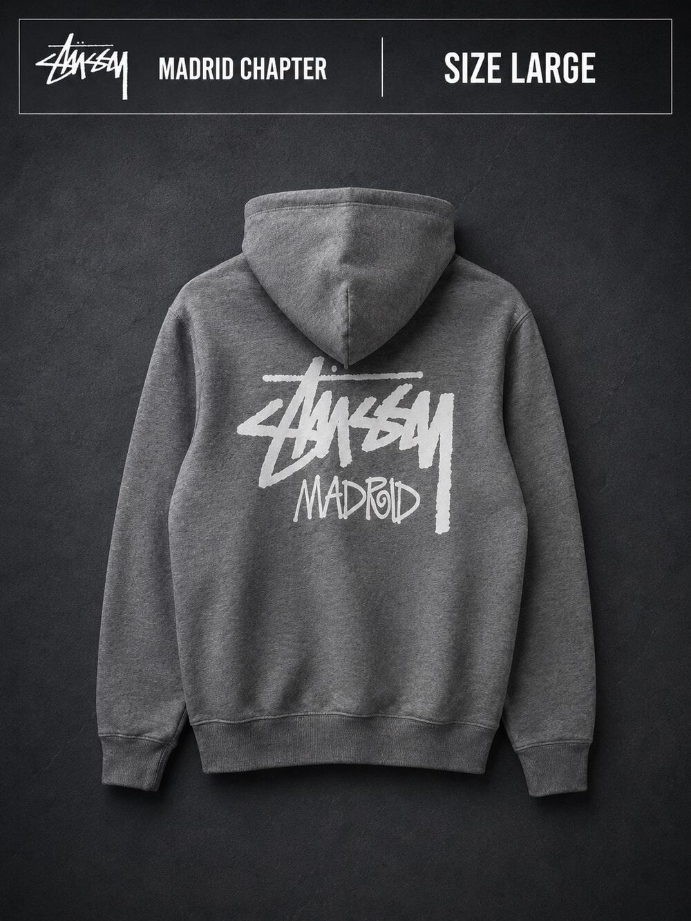 Rare Stussy Madrid Chapter Full Zip Hoodie L Gray Archive Colorway Cut Tag